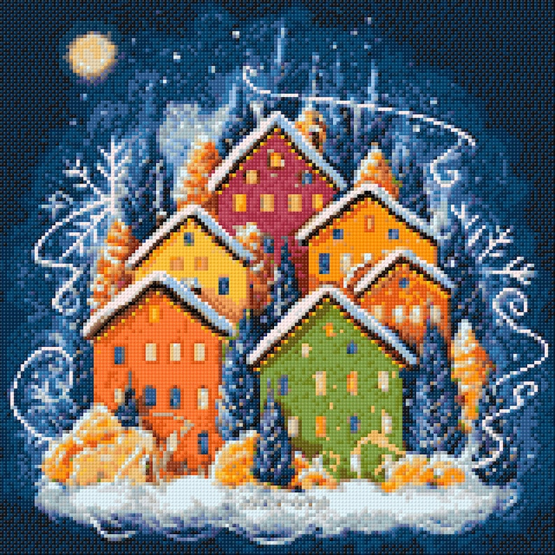 Winter House Diamond painting set by Wizardi. Christmas City Diamond Art Beginner kit. Diamond painting kit Cs2719