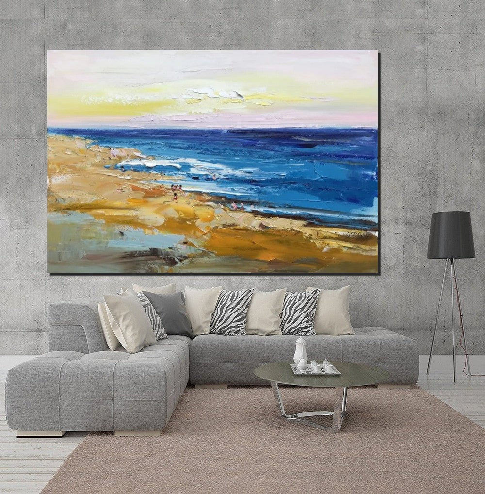 Large Paintings Behind Sofa, Landscape Painting for Living Room, Acrylic Paintings on Canvas, Heavy Texture Painting, Seashore Beach Painting