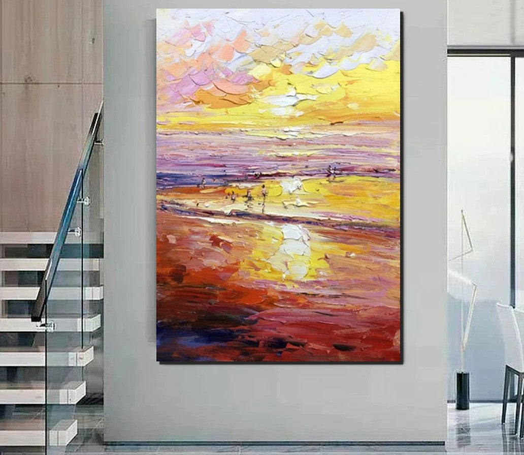 Canvas Paintings for Bedroom, Large Paintings on Canvas, Landscape Painting for Living Room, Sunrise Seashore Painting, Heavy Texture Paintings