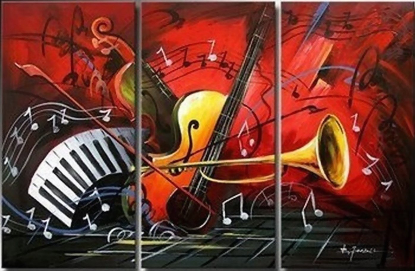 Abstract Art, Red Abstract Painting, Bedroom Wall Art, Violin, Horn, Guitar Painting, Extra Large Painting