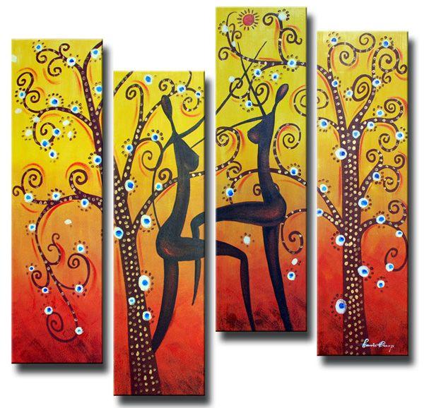 Tree of Life Painting, African Girl Painting, 4 Piece Canvas Paintings, Abstract Figure Art, Abstract Wall Art Paintings