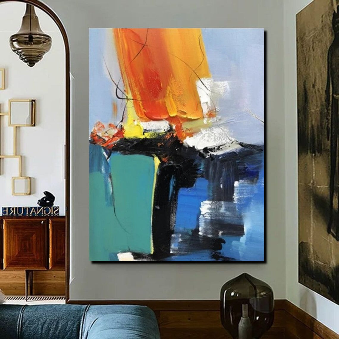 Acrylic Paintings on Canvas, Large Paintings Behind Sofa, Abstract Painting for Living Room, Blue Modern Paintings, Palette Knife Paintings