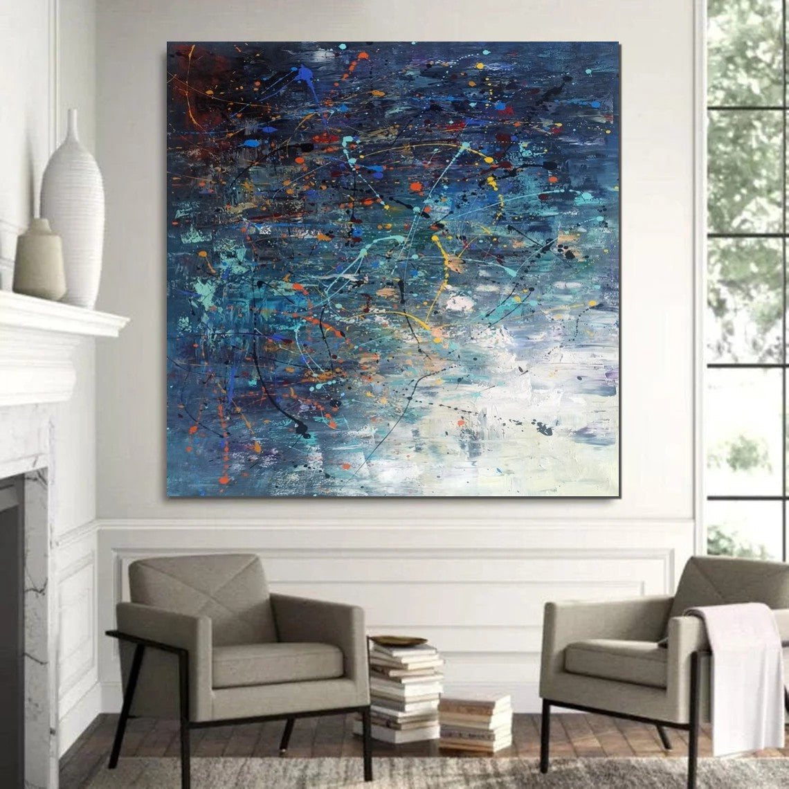 Modern Abstract Wall Art, Large Painting for Sale, Easy Painting Ideas for Living Room, Blue Acrylic Painting on Canvas, Huge Canvas Paintings