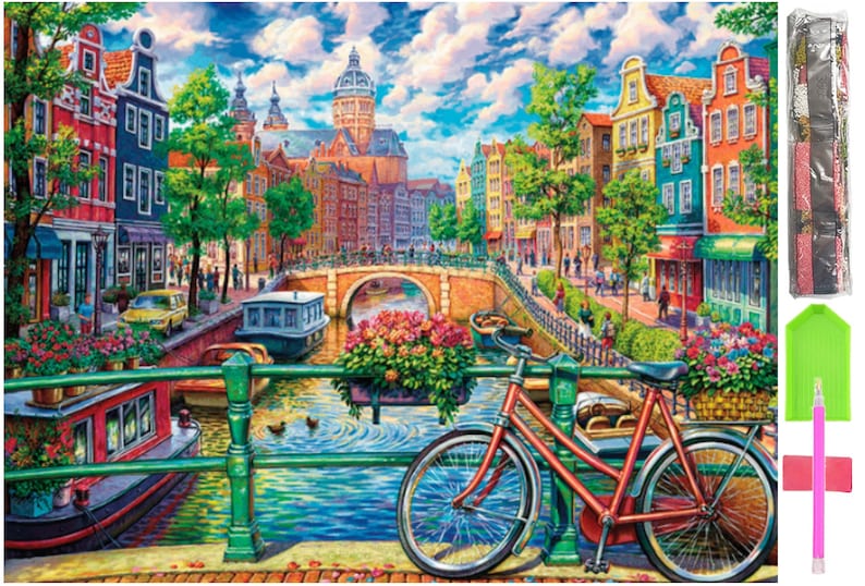 Diamond Painting Kit Amsterdam Canals - 5D DIY Diamond Set with Accessories - For Kids and Adults - 40x30 cm - 16x12 inch - Bicycle