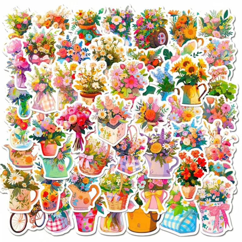 50 Unique Flower Arrangement Stickers With Pitchers, Baskets & More, High Quality Decal Craft Stickers