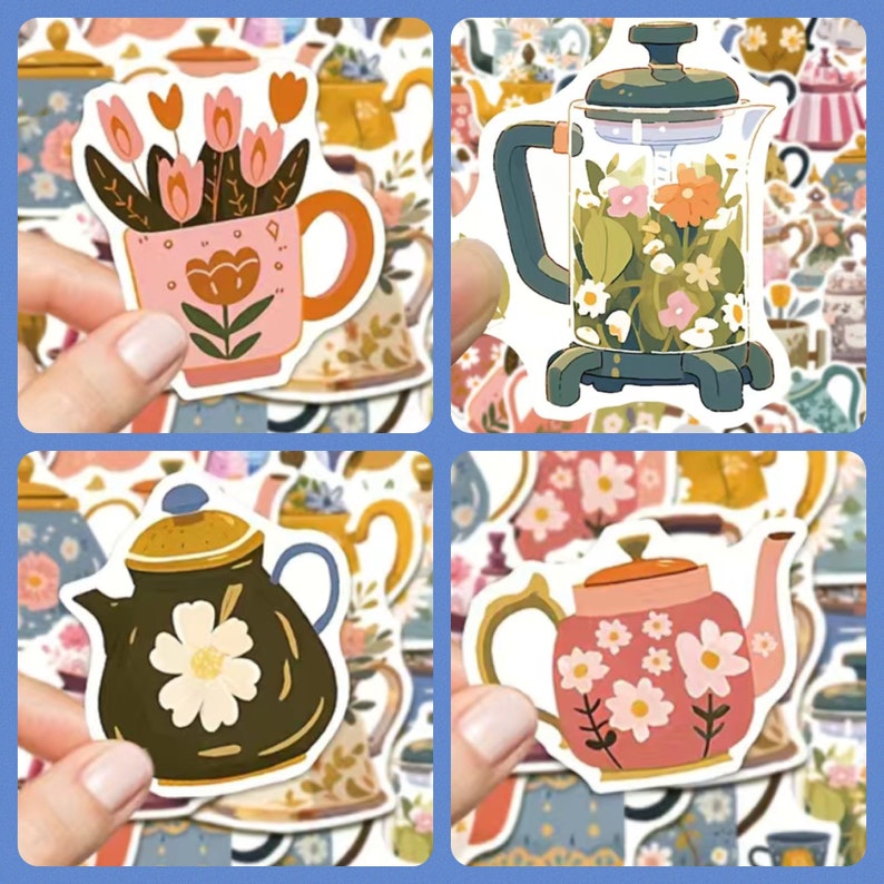 50 Charming Teapot Stickers With Flowers & Pastel Colors, High Quality PVC Decal Craft Stickers