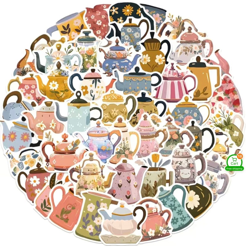 50 Charming Teapot Stickers With Flowers & Pastel Colors, High Quality PVC Decal Craft Stickers