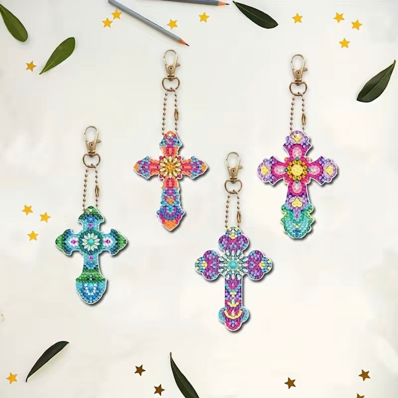 10 DIY Cross Keychains/Ornaments With Beautiful Colors & Patterns, 5D Diamond Painting Kit, Includes Tools and Rhinestones