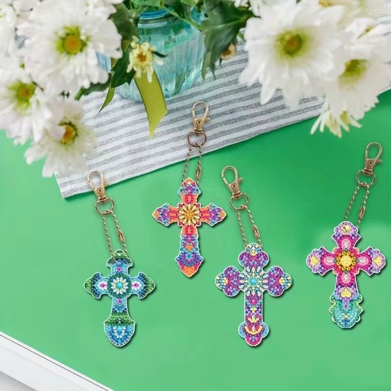 10 DIY Cross Keychains/Ornaments With Beautiful Colors & Patterns, 5D Diamond Painting Kit, Includes Tools and Rhinestones