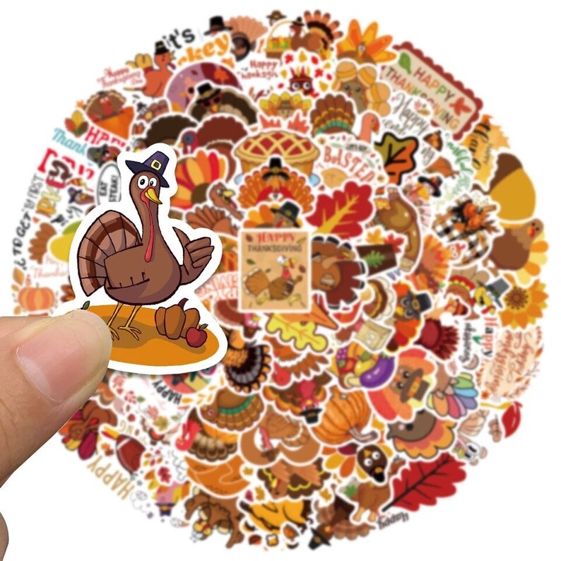 60 Thanksgiving Stickers With Cartoon Turkeys And Traditional Foods, High Quality Decal Stickers