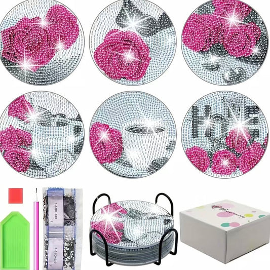 DIY 6 Hope Coasters With Pink Roses & Coffee Mugs, 5D Diamond Painting Kit, Tools and Rhinestones Included