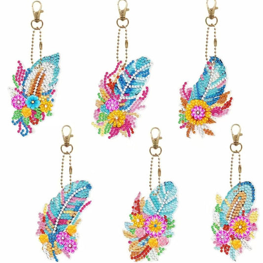 Decorate 6 Beautiful Feather Keychains/Ornaments Yourself, 5D Diamond Painting Kit, Includes Tools and Rhinestones