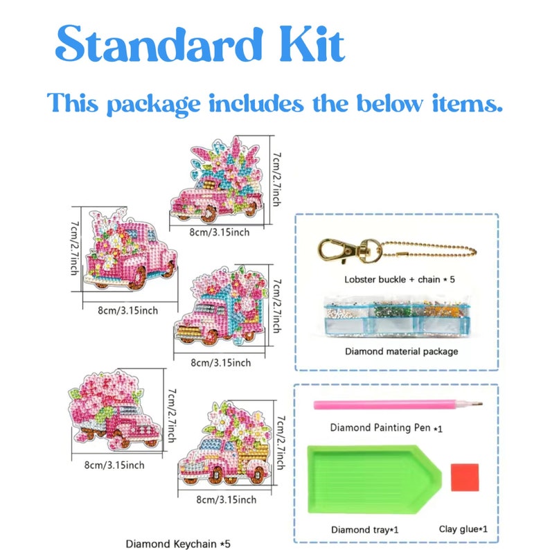 DIY 5 Farm Trucks Filled With Flowers, 5D Ornaments/Keychains Diamond Painting Kit, Includes Tools and Rhinestones