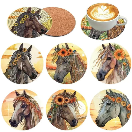 DIY 6 Beautiful Horse Coasters With Floral Garland, DIY Diamond Painting Kit, Tools and Rhinestones Included