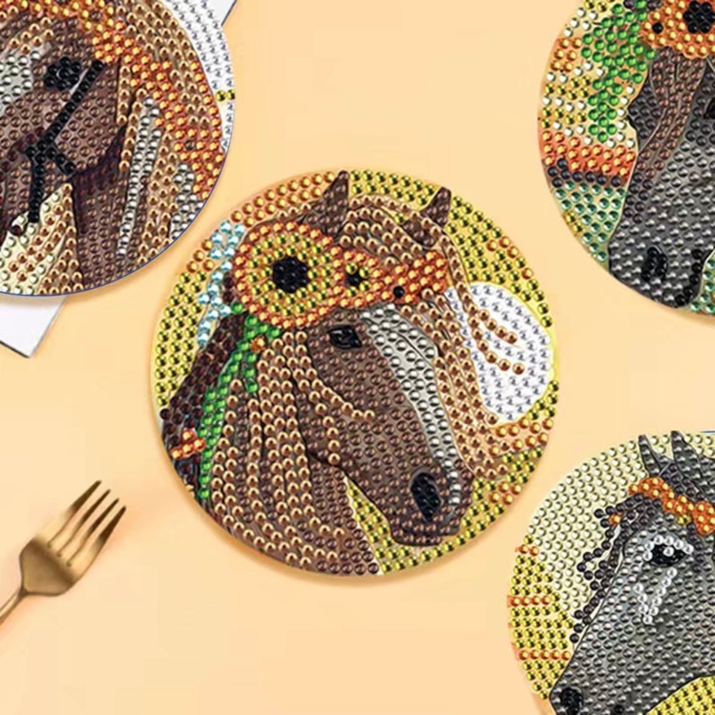 DIY 6 Beautiful Horse Coasters With Floral Garland, DIY Diamond Painting Kit, Tools and Rhinestones Included