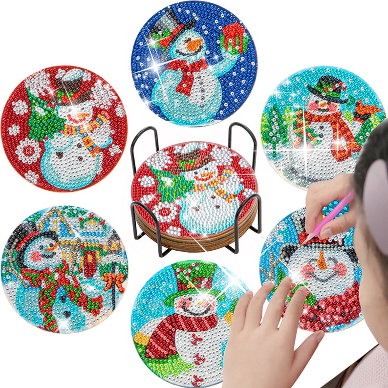 Christmas 6 PCS Diamond Painting Coasters Kits, DIY Snowman Diamond Art Coaster Kits with Holder, Diamond Dot Coasters Gifts for Adults