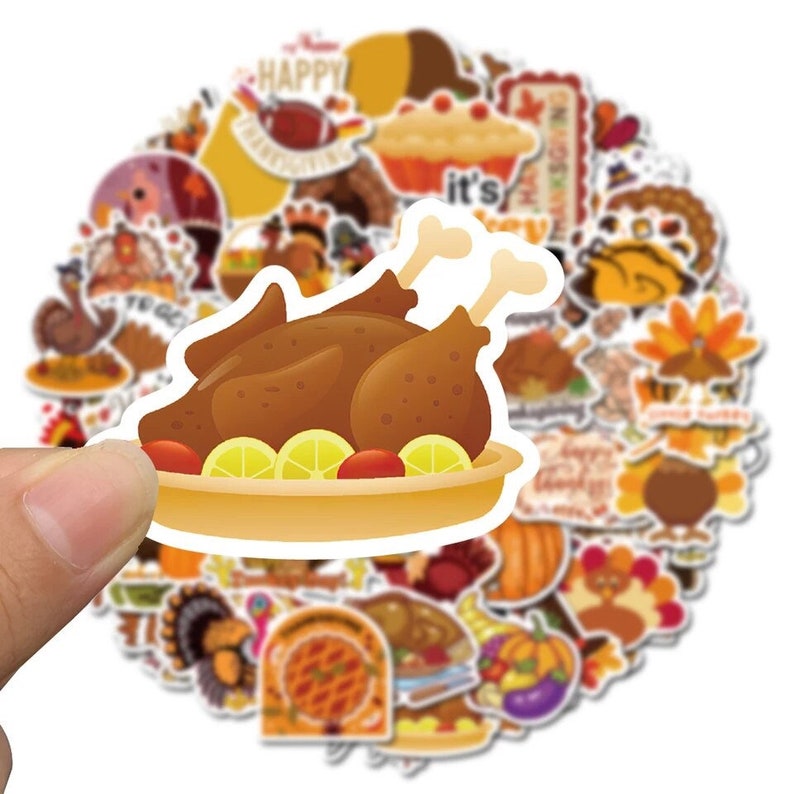 60 Thanksgiving Stickers With Cartoon Turkeys And Traditional Foods, High Quality Decal Stickers