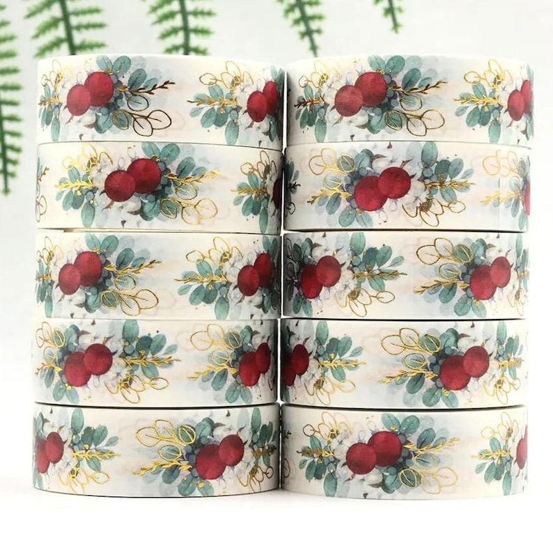 New Release: Gilded Holly Leaves With Bold Red Berries, Holiday Garland Washi Tape, Samples And Rolls