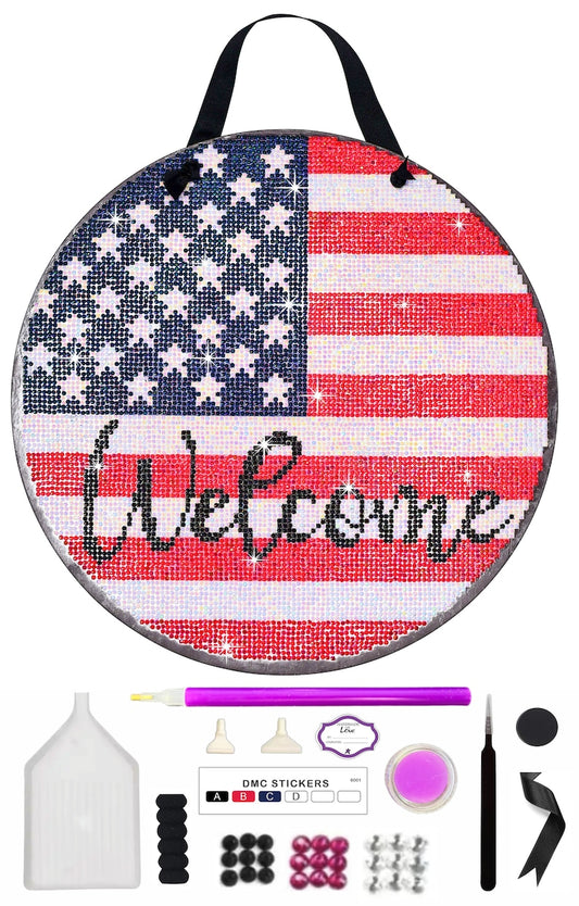 Diamond Painting Kit - Welcome USA Flag - Round Wood Sign