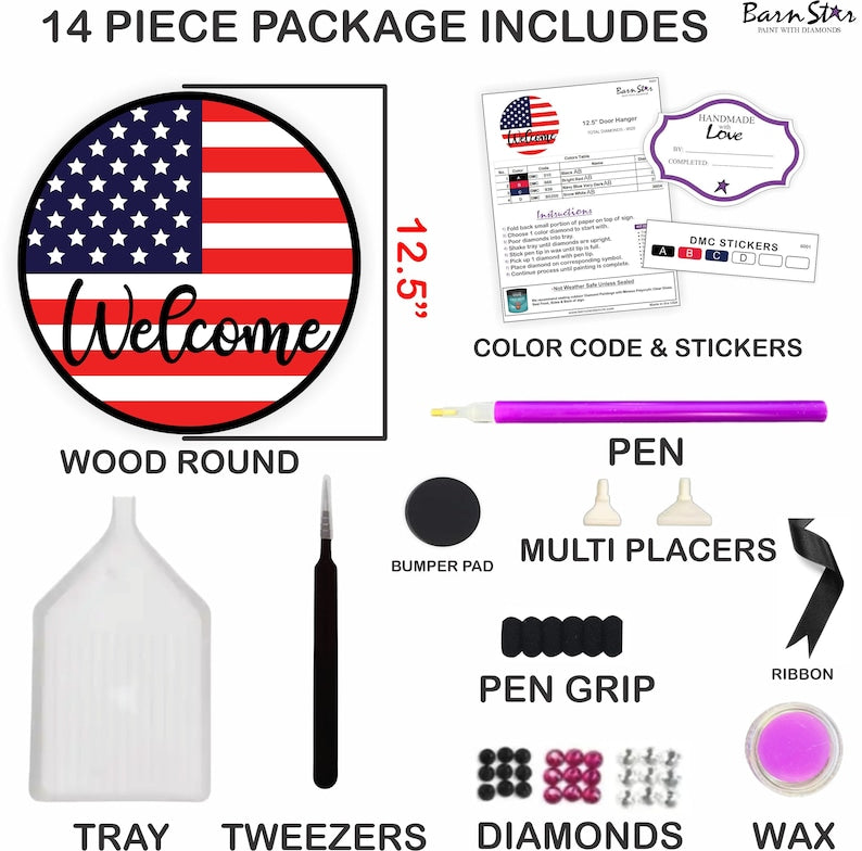 Diamond Painting Kit - Welcome USA Flag - Round Wood Sign