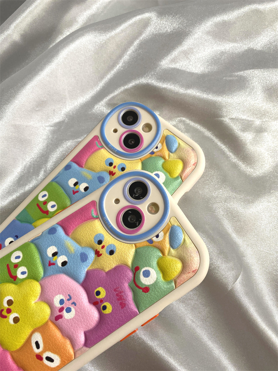 Printed embossed leather pattern colorful cute little monster phone case