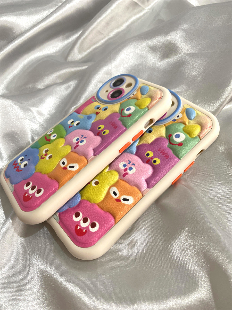Printed embossed leather pattern colorful cute little monster phone case