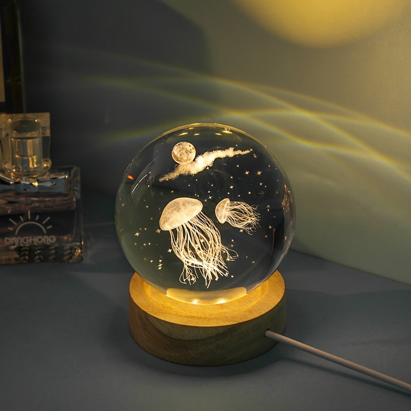 1pc Marine Animal 3D Glass Crystal Ball Luminous Night Light, Desktop Decoration Small Ornaments, Desk Atmosphere Light, Creative Birthday Gift