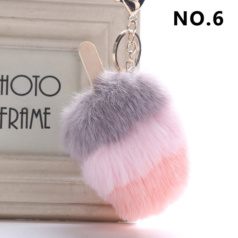 Fur Pom Pom  Keychain Ice Cream Bag Purse Charm Yummy Metal Ring Fluffy Fur Ball Food Fashion Gift Charm