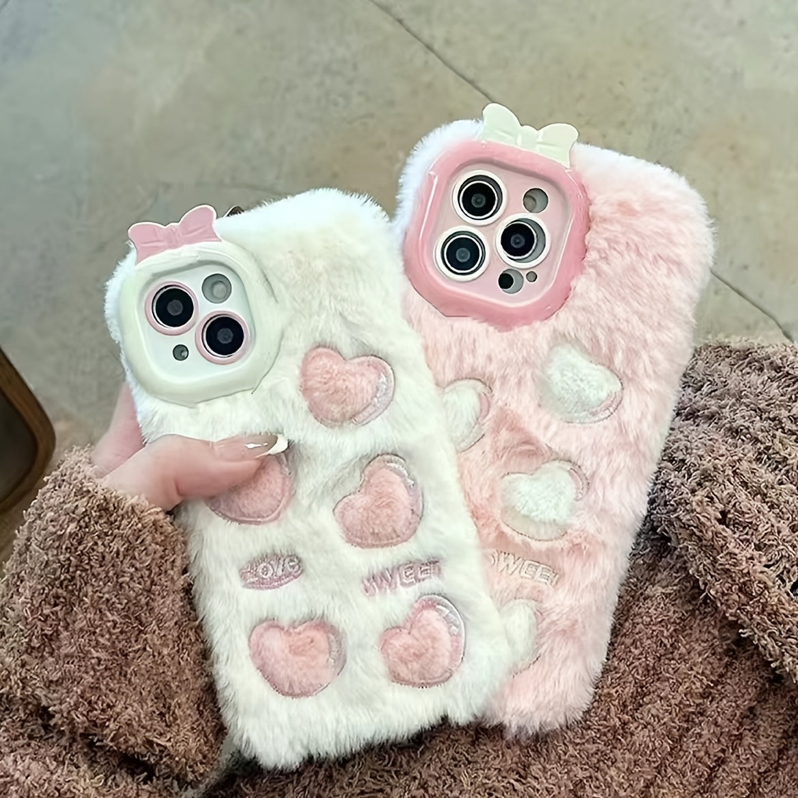 Plush Embroidered Heart Pattern Phone Case