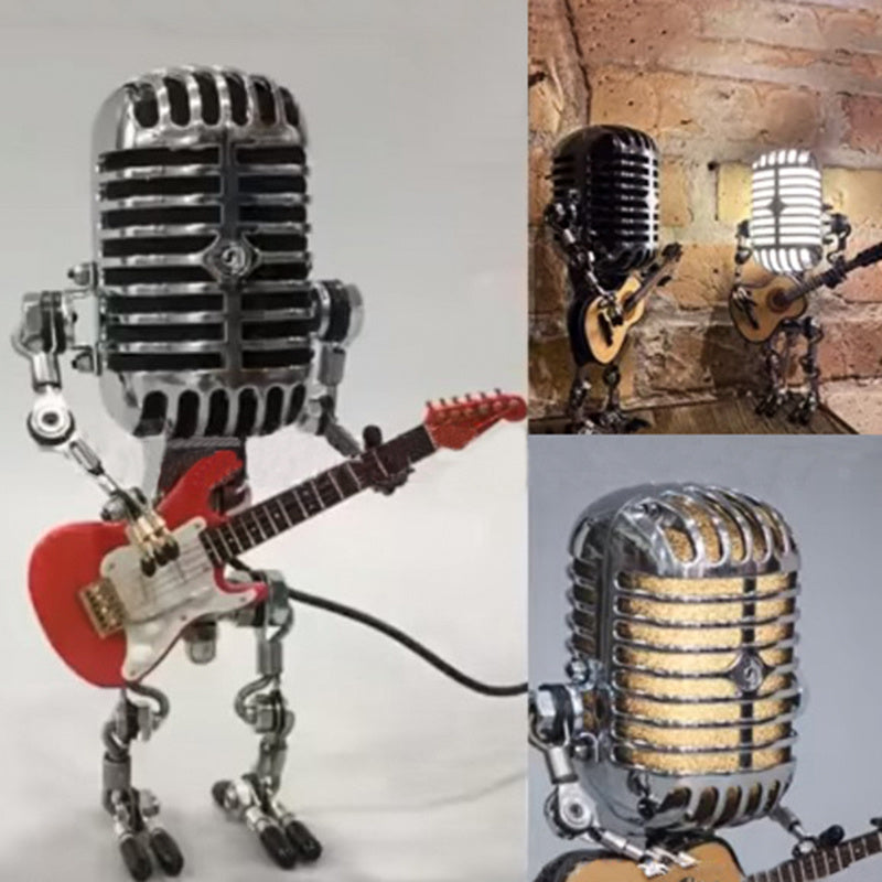 1pc Vintage Microphone Robot Desk Lamp, Metal Microphone Robot Lamp With Mini Guitar, Robot Touch Dimmer Lamp, Vintage Light Home Decor Nightstand Desk Lamp For Bedroom, Bar, Restaurant