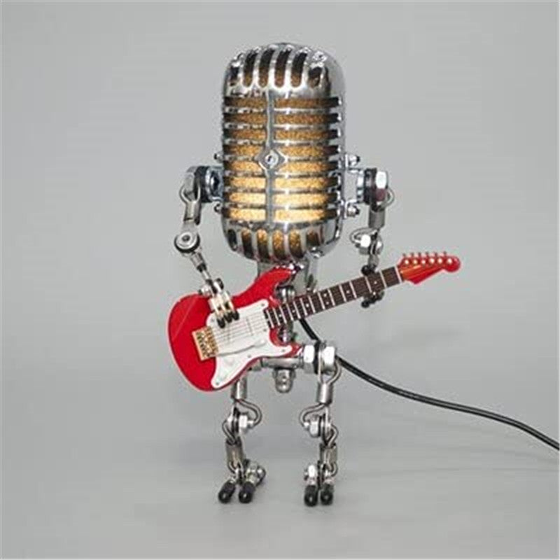 1pc Vintage Microphone Robot Desk Lamp, Metal Microphone Robot Lamp With Mini Guitar, Robot Touch Dimmer Lamp, Vintage Light Home Decor Nightstand Desk Lamp For Bedroom, Bar, Restaurant