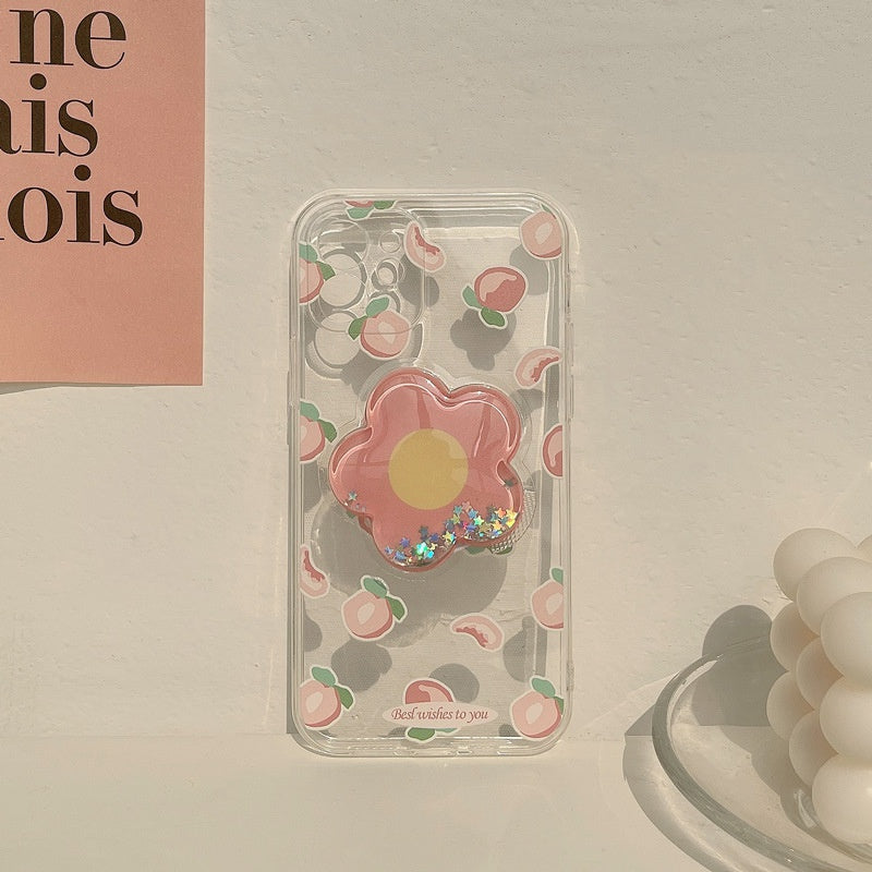Pink Peach Pattern Transparent Phone Case With Flower Shaped Finger Grip