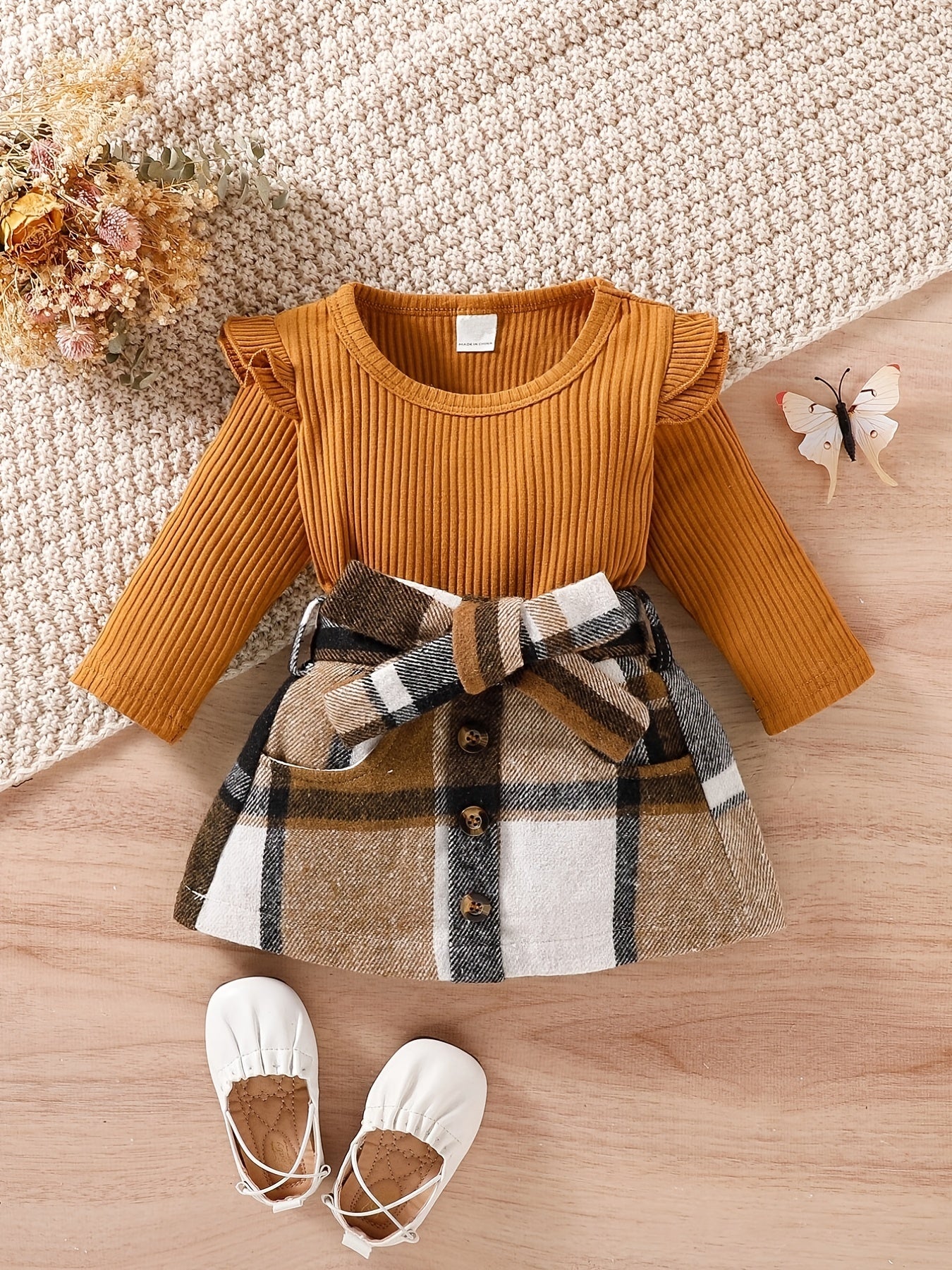 Baby Girls Ruffled Knitted Sweater & Plaid Bow Skirt Set For Winter