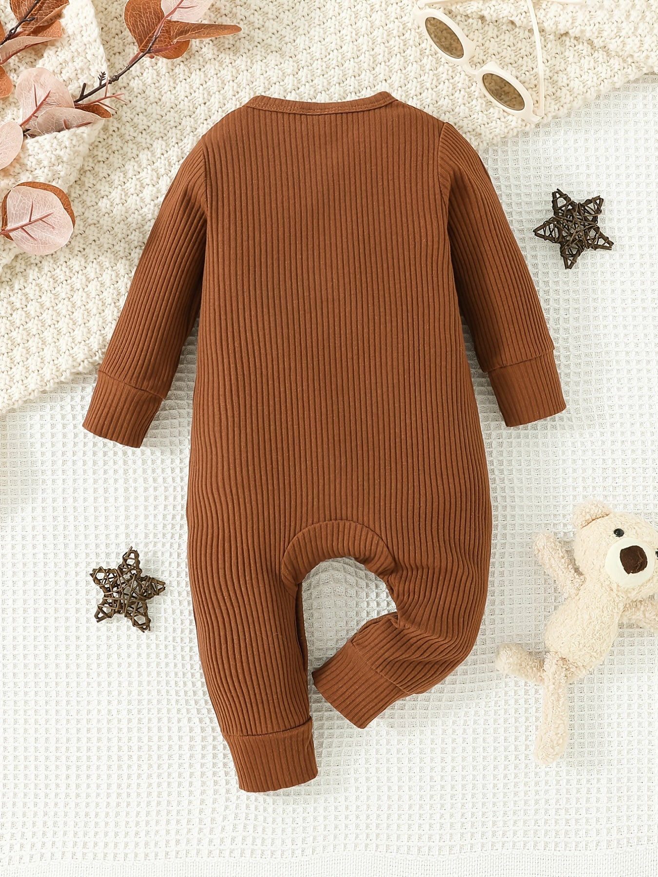 Newborn Baby Boys Knitted Romper, Casual Thermal Long Sleeve Button Down Jumpsuit For Winter, Dark Brown