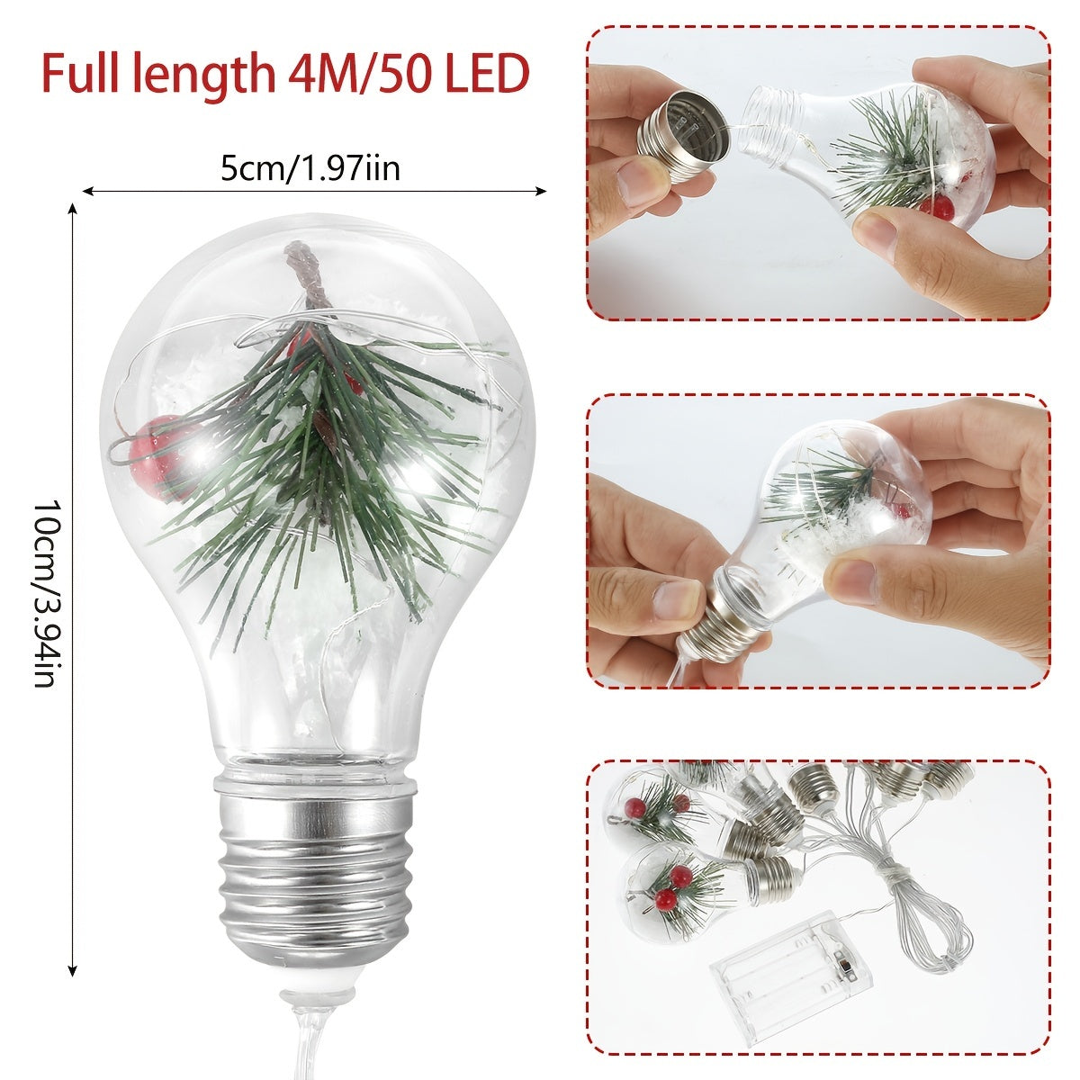 1pc 4M/157.48in 50LED Battery Powered Fairy Lights With 10 Bulbs Warm White IP55 Waterproof Copper Wire String Lamp For Christmas Wedding Party Home Bedroom Garden Shop
