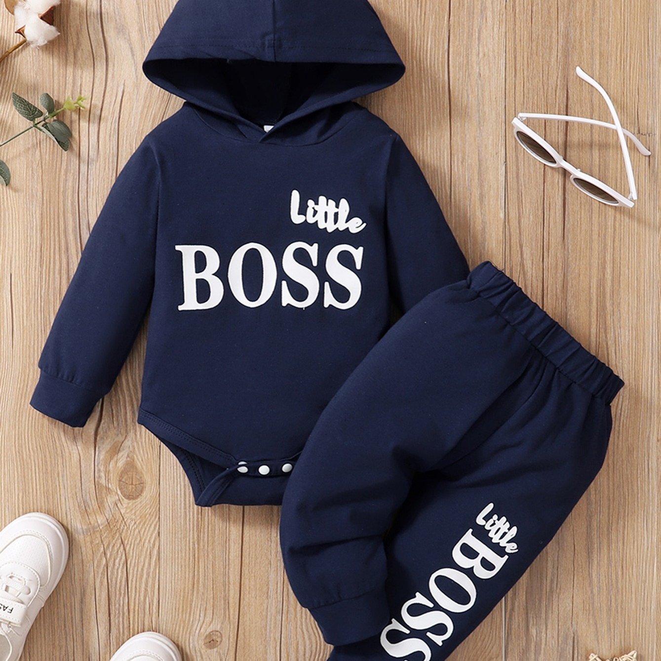 2pcs Baby Boys Clothes "BOSS" Hooded Bodysuit + Matching Pants Cotton Romper Onesie Bottoms Trousers Set Spring Fall