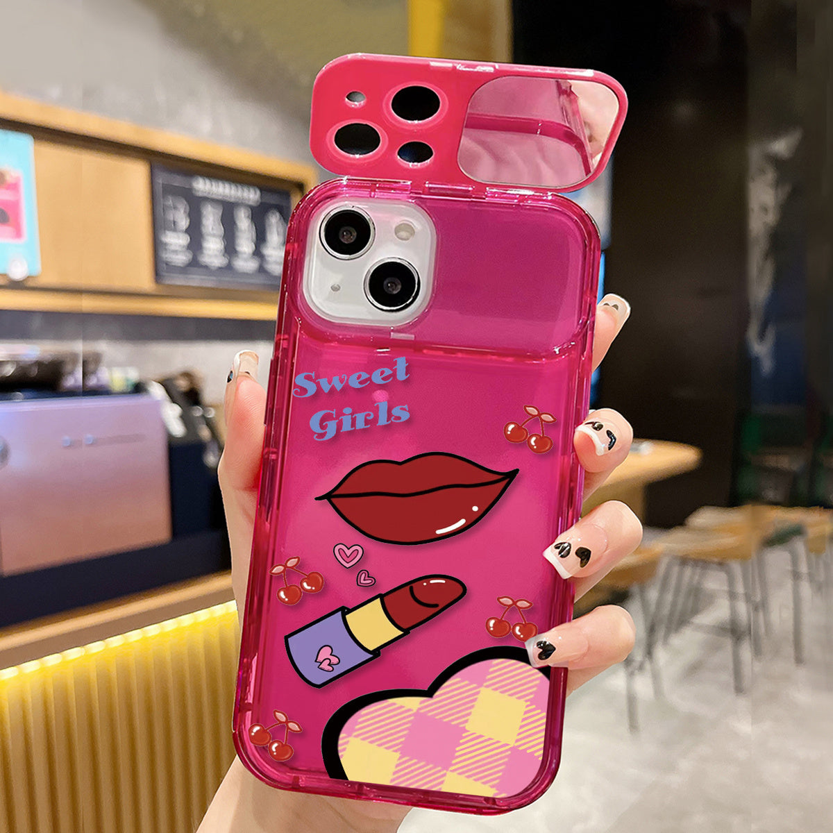 1pc Phone Case With Lips & Lipstick Pattern, Cartoon Phone Case With Mirror