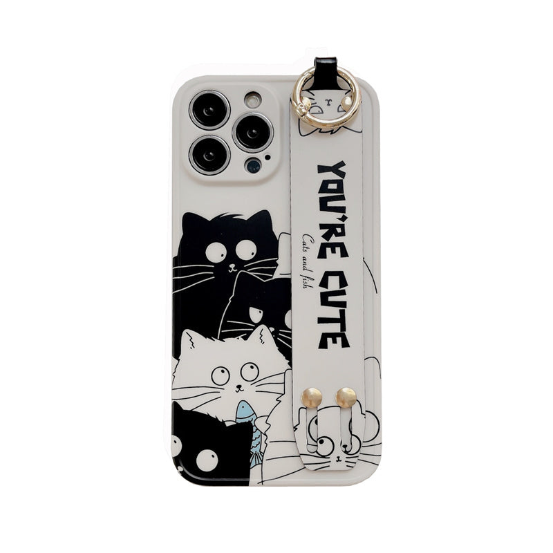 Curious Cute Cat Pattern Phone Case With Wristband