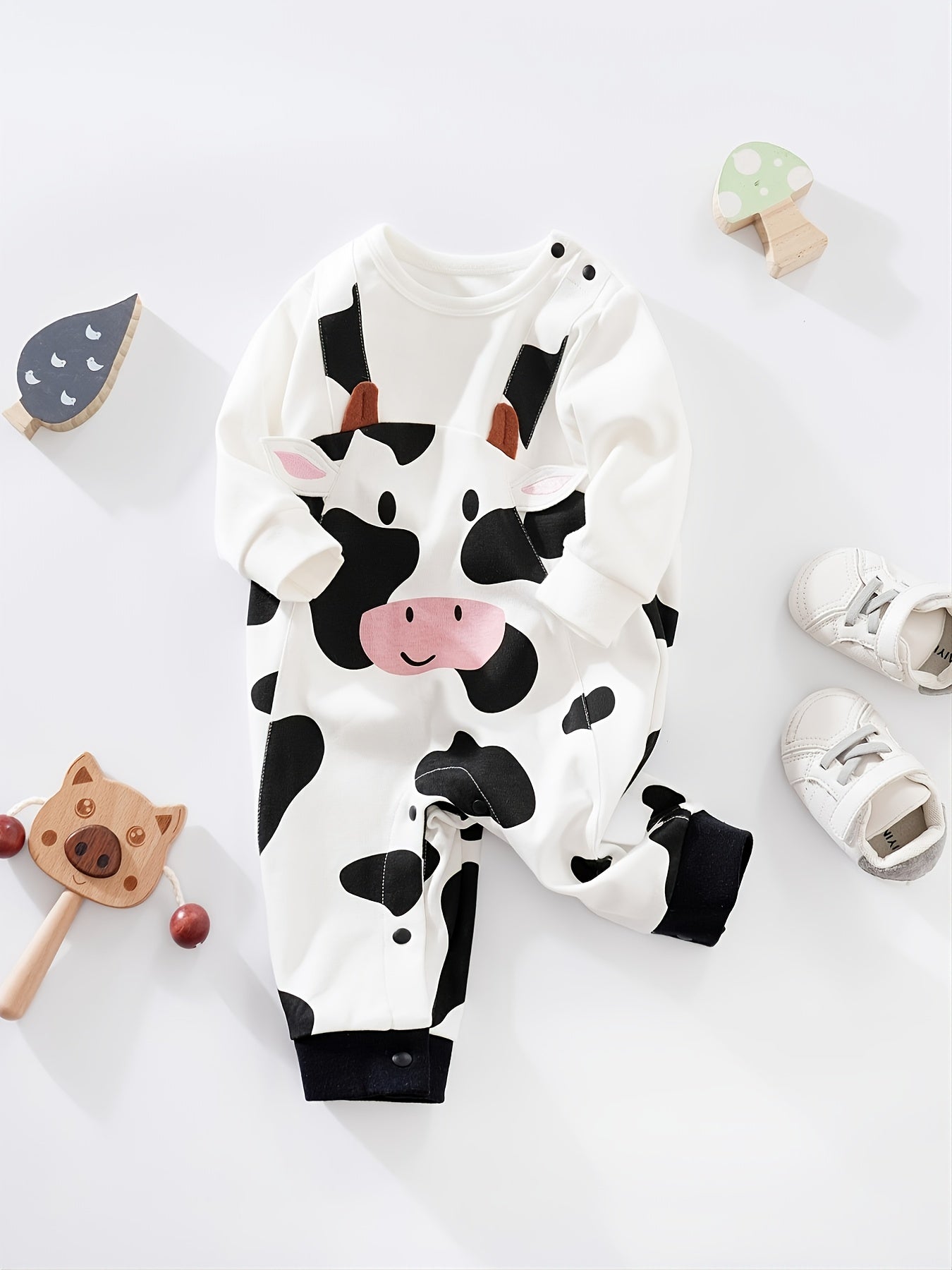 Toddler Baby's Cow Print Long Sleeves Jumpsuit, Casual Cute Cartoon For Winter