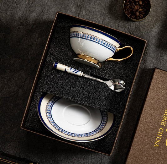 Blue Bone China Porcelain Tea Cup Set, Elegant British Ceramic Coffee Cups, Unique British Tea Cup and Saucer in Gift Box