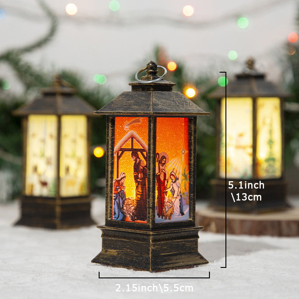 Electric Christmas lantern - hanging antique oil lantern, Father Christmas, snowman reindeer, batteries not included