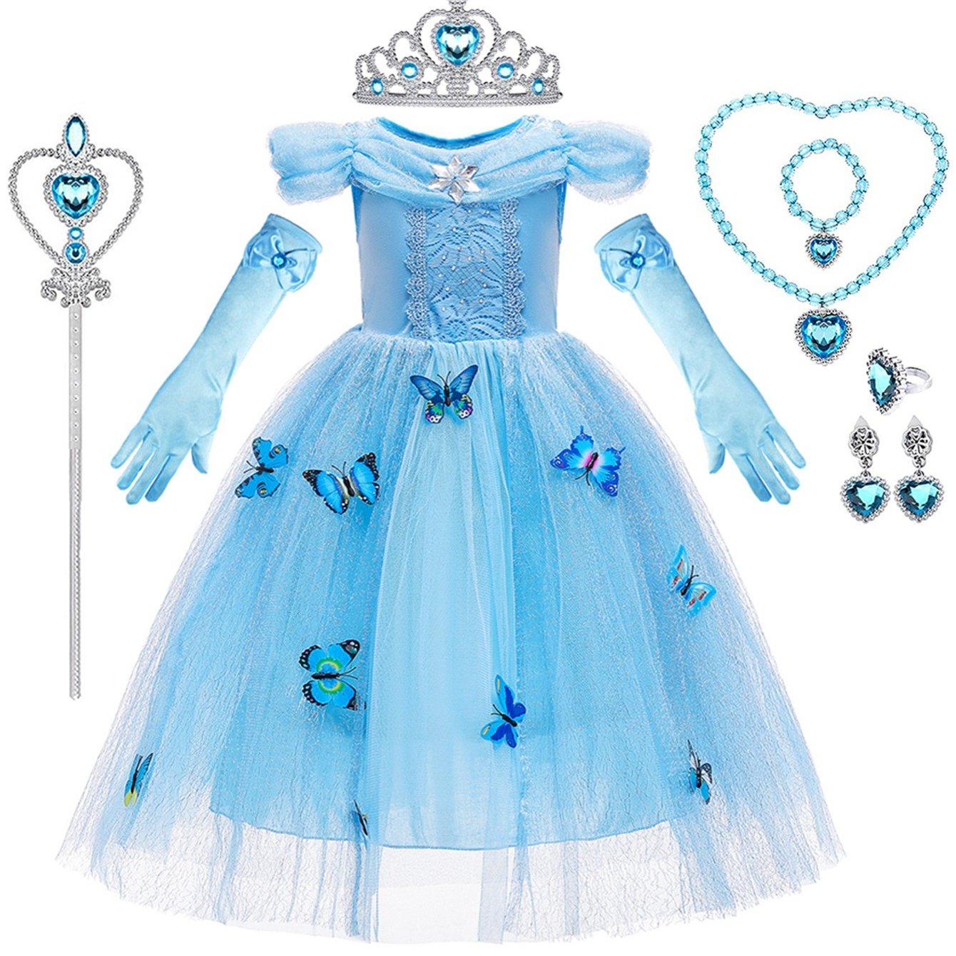 9pcs Girls Cinderella Princess Dress Costume, Jewelry, Gloves, Crown & Princess Wand