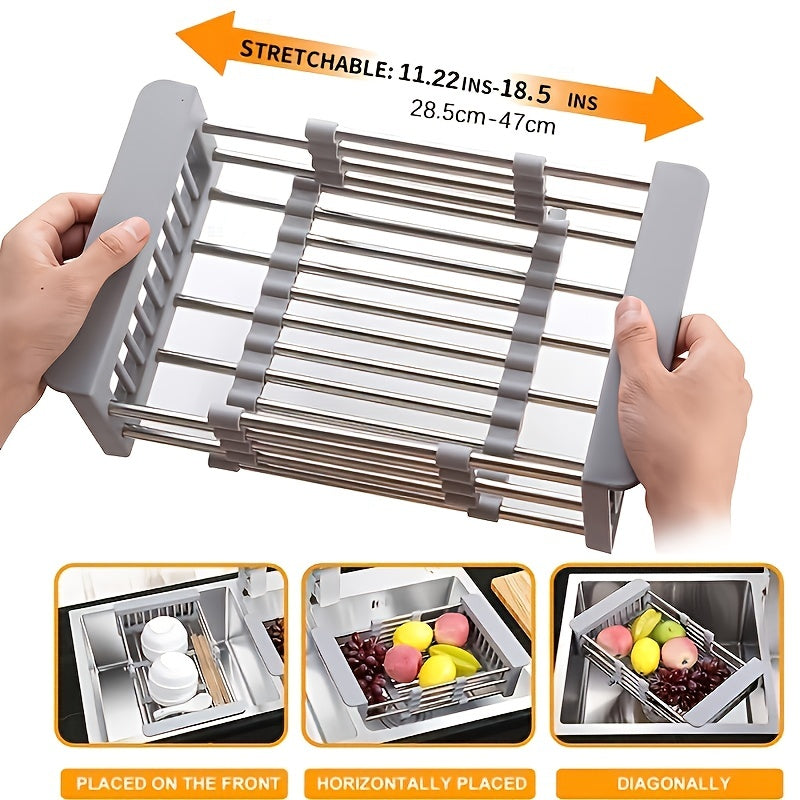 1pc Drain Rack, Stainless Steel Kitchen Basket, Home Dish Rack, Retractable Sink Shelf, 8.81*(11.22-18.5)*3.7in, Suitable For Rectangular Sink