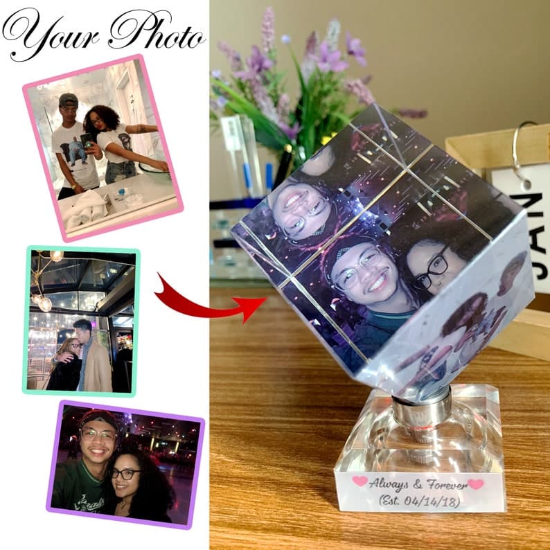 3d photo crystal, crystal photo cube, 3d glass photo, personalize photo gift, Custom Spinning Crystal Photo Cube, Photo frame Christmas gift ktclubs.com