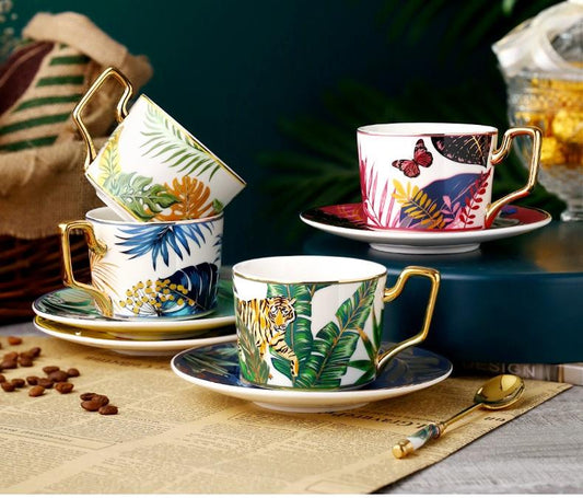 Handmade Coffee Cups with Gold Trim and Gift Box, Tea Cups and Saucers, Jungle Tiger Porcelain Coffee Cups