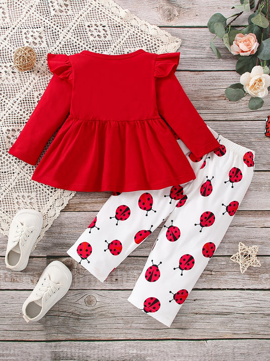 2pcs/Set Baby Girls Flying Sleeve Long Sleeve Bow Top & Cartoon Ladybug Print Pants Baby Clothes