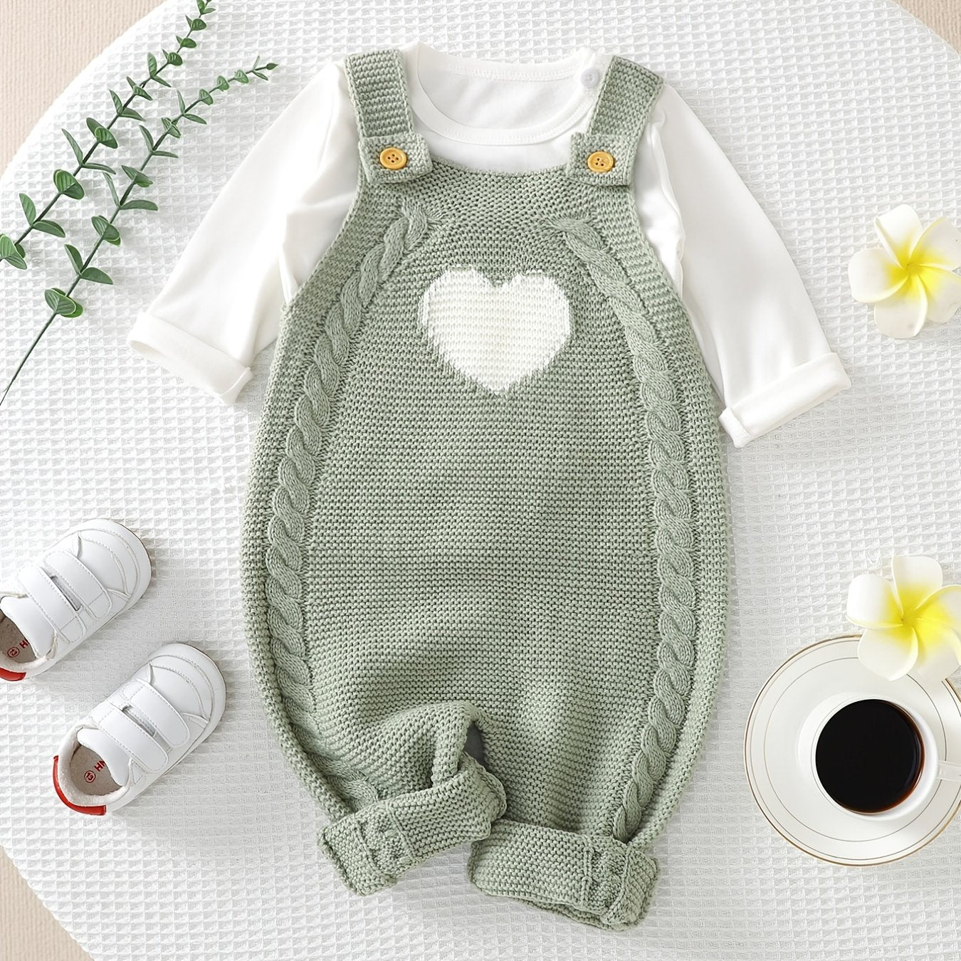 Unisex Baby Knit One Piece, Heart Pattern Overalls, Knit Bib Pants, Sleeveless Jumpsuit For Winter Baby Clothes