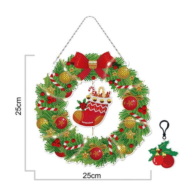 5D DIY diamond painting wreath with LED lights and keychain pendant kit shaped diamond art wall home decoration Christmas gift ktclubs.com