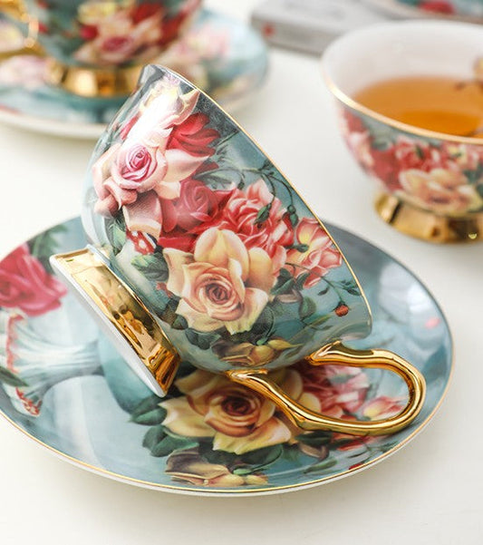 Large Rose Royal Ceramic Cups, Afternoon Bone China Porcelain Tea Cup Set, Unique Tea Cups and Saucers in Gift Box, Elegant Flower Ceramic Coffee Cups