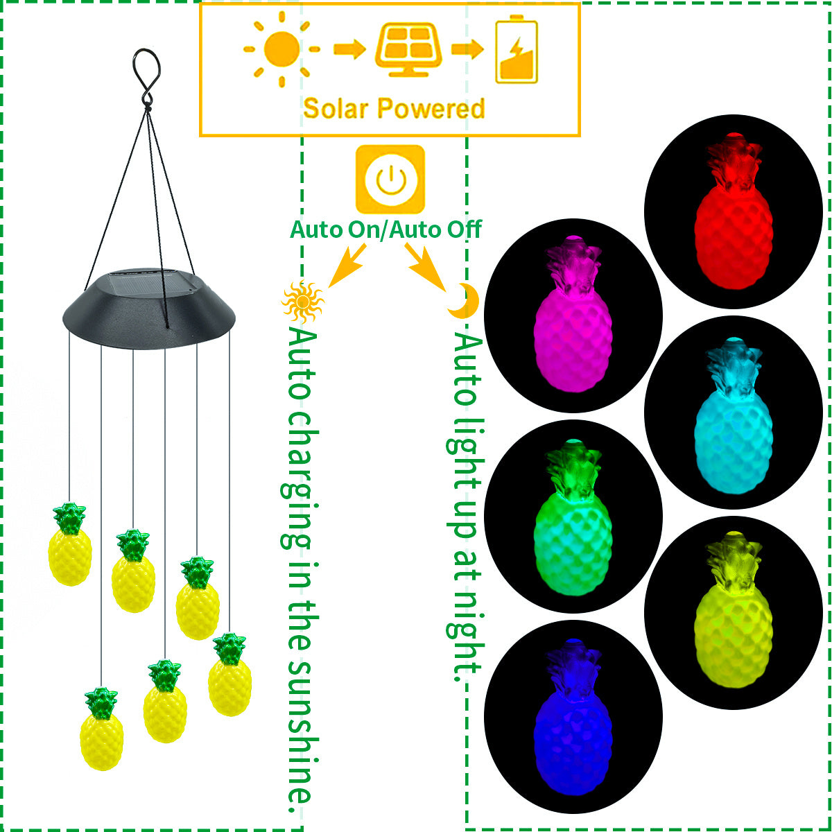GANGES SA Solar Color Changing Wind Chime Hanging Lamp, Pineapples, Led Wind Chime Light, Festive Decoration For Courtyard, Garden And Patio